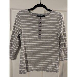 Lauren Ralph Lauren Women's Grey & White Striped 3/4 Sleeve Shirt Large